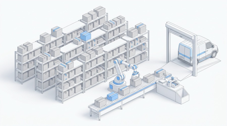 Isometric illustration of a smart fulfilment warehouse with robotic picking, conveyor belts, and a delivery van